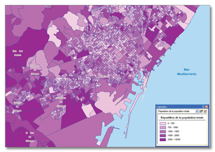 Total population distribution by seccióncensal for the Barcelona region